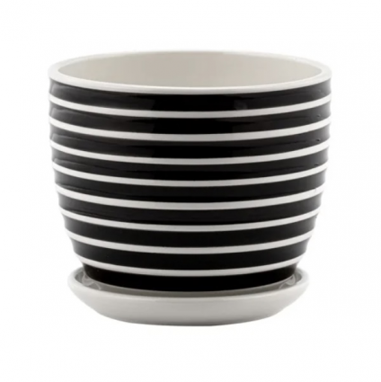 Sm Black/White Striped Pot w/Saucer  5.25"