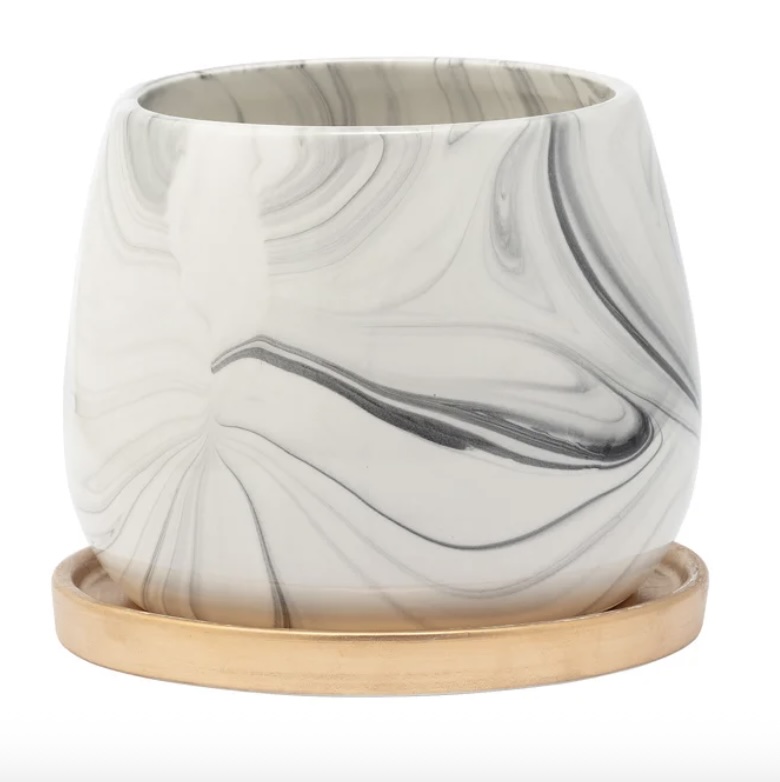 White/Gray Marble Planter with Tray 4.25"H