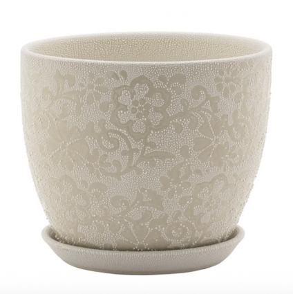 Large White/Cream Floral Pot with Saucer 7"H