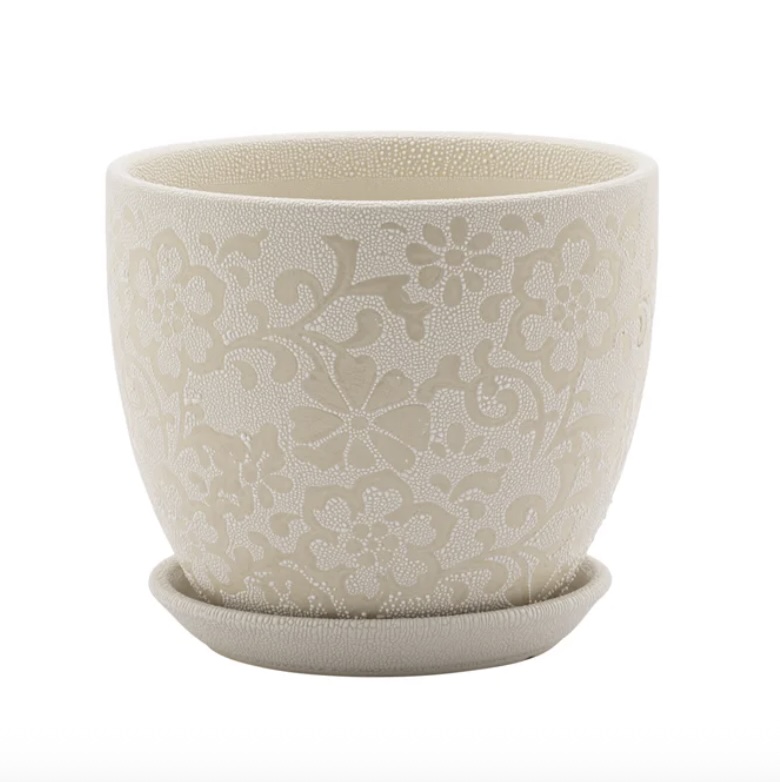 Medium White/Cream Floral Pot with Saucer 6"H