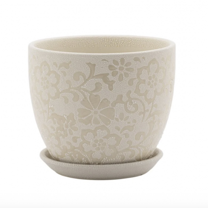 Medium White/Cream Floral Pot with Saucer 6"H