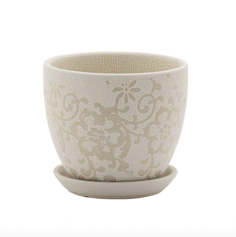 Small White/Cream Floral Pot with Saucer 5"H