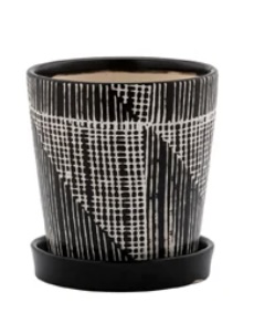 Diagonal Black Plaid Pot with Saucer 4"