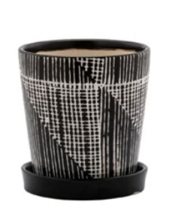 Diagonal Black Plaid Pot with Saucer 4"