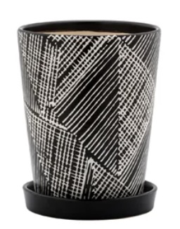 Diagonal Black Plaid Pot with Saucer 5"