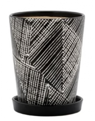 Diagonal Black Plaid Pot with Saucer 5"