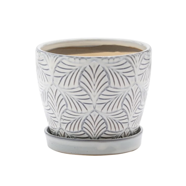 Gray/White Leaf Pot with Saucer 4.5"