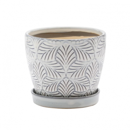 Gray/White Leaf Pot with Saucer 4.5"