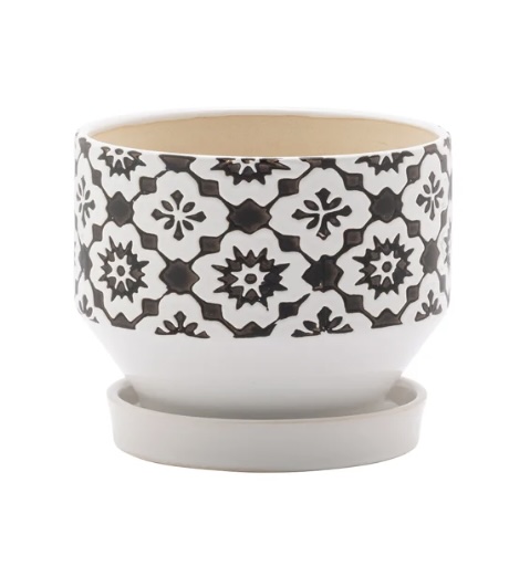 Brown White Floral Pot with Saucer 4.5"