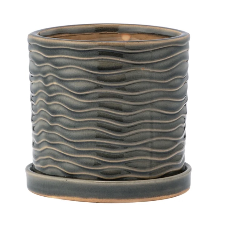 Sage Wave Pot with Saucer 4.5"