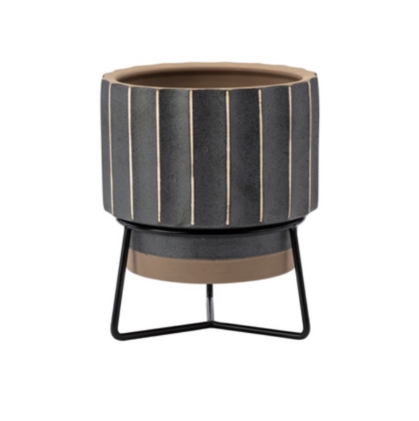 Brown Ribbed Planter in Metal Stand 5"