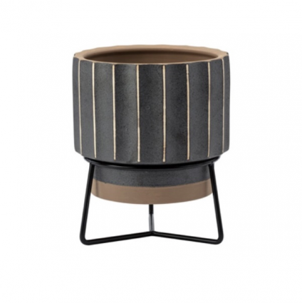 Brown Ribbed Planter in Metal Stand 5"