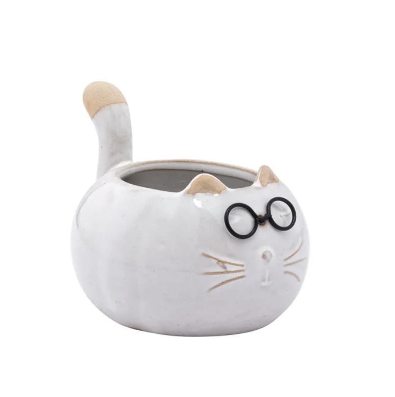 Small Fat Cat with Glasses Planter 4.5"L 