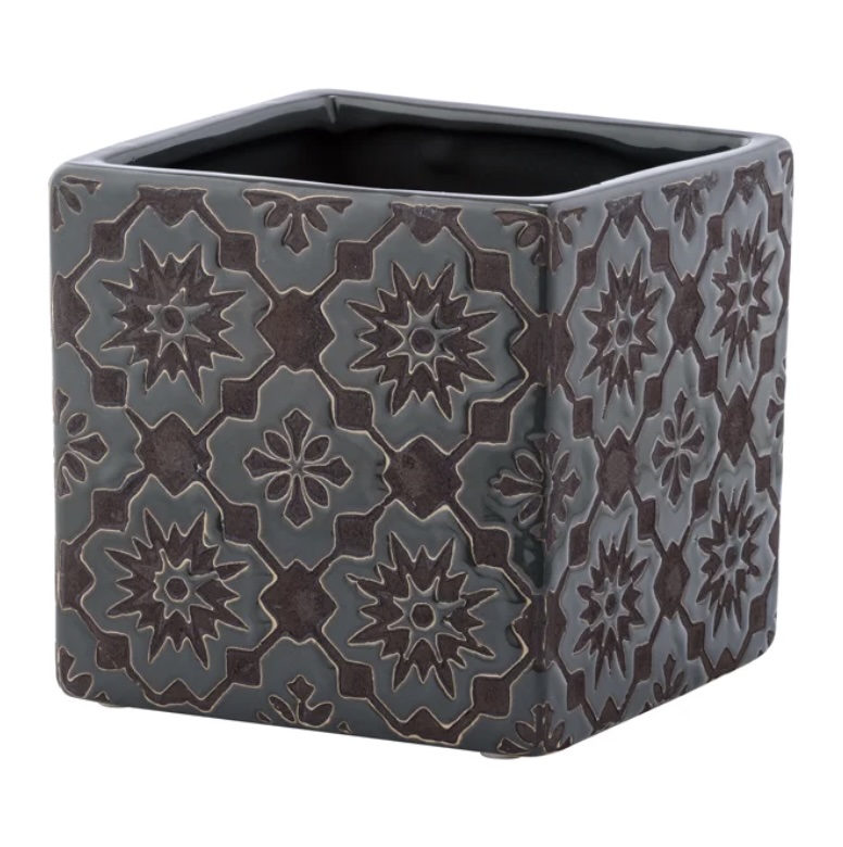 Square Brown Brocade Planter  4.25"H 
