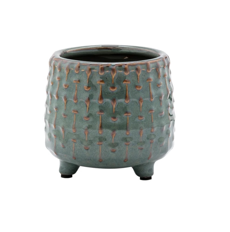 Green Embossed Lines Footed Planter 3.5"H 