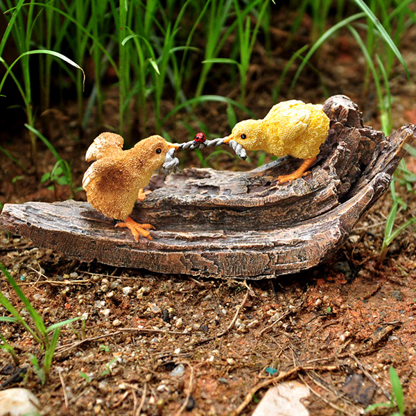 Fairy Garden Baby Chicks Playing Tug of War