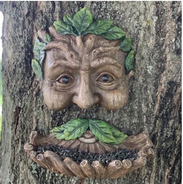 Tree Face with a Green Leaf Mustache Bird Feeder