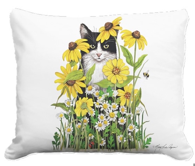 Cat with Daisies Decorative Pillow