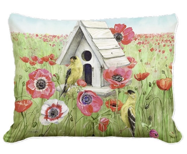Bird and Poppy Field Decorative Pillow