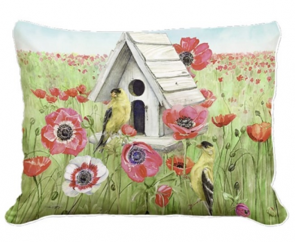 Bird and Poppy Field Decorative Pillow