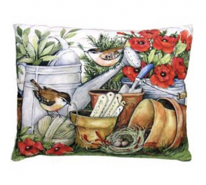 Red Poppies with Watering Can & Pots Pillow