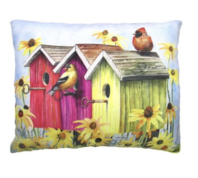 Birdhouses with Goldfinch & Cardinal Pillow