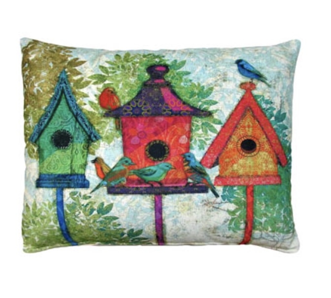 Three Colorful Birdhouses Pillow