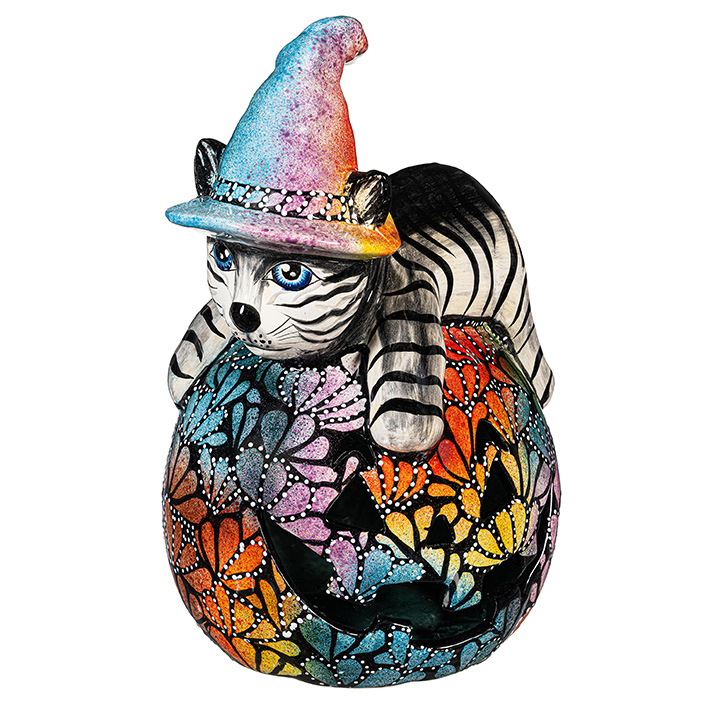 Witch Cat Jack O'Lantern Pumpkin - Large Floral Burst