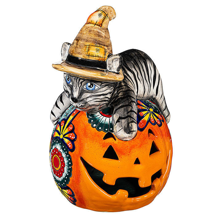 Witch Cat Jack O'Lantern Pumpkin - Large Talavera