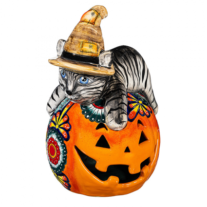 Witch Cat Jack O'Lantern Pumpkin - Large Talavera