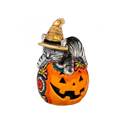 Witch Cat Jack O'Lantern Pumpkin - Small Talavera