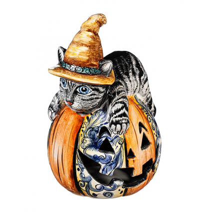 Witch Cat Jack O'Lantern Pumpkin - Large Blue Floral