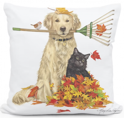 Cat & Dog Playing in the Leaves Pillow  18"X18" 