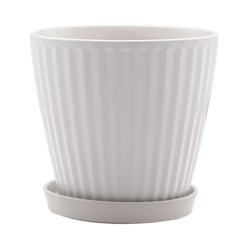 White Ribbed Pot with Saucer 7"
