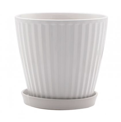 White Ribbed Pot with Saucer 7"