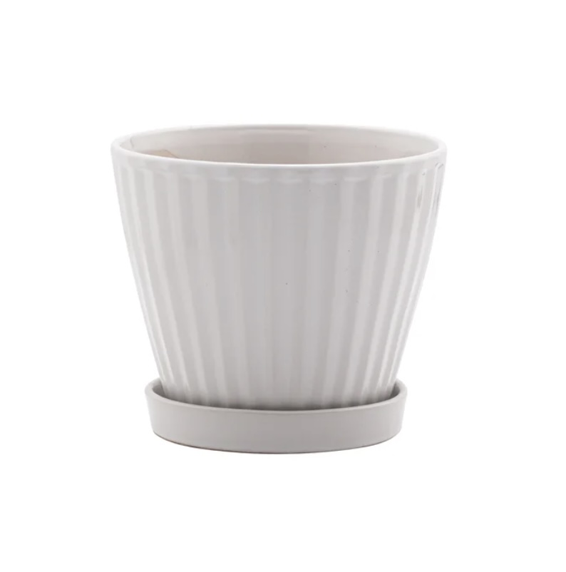 White Ribbed Pot with Saucer 6"