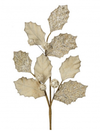 Champagne Glitter Holly Leaf Spray 27"
