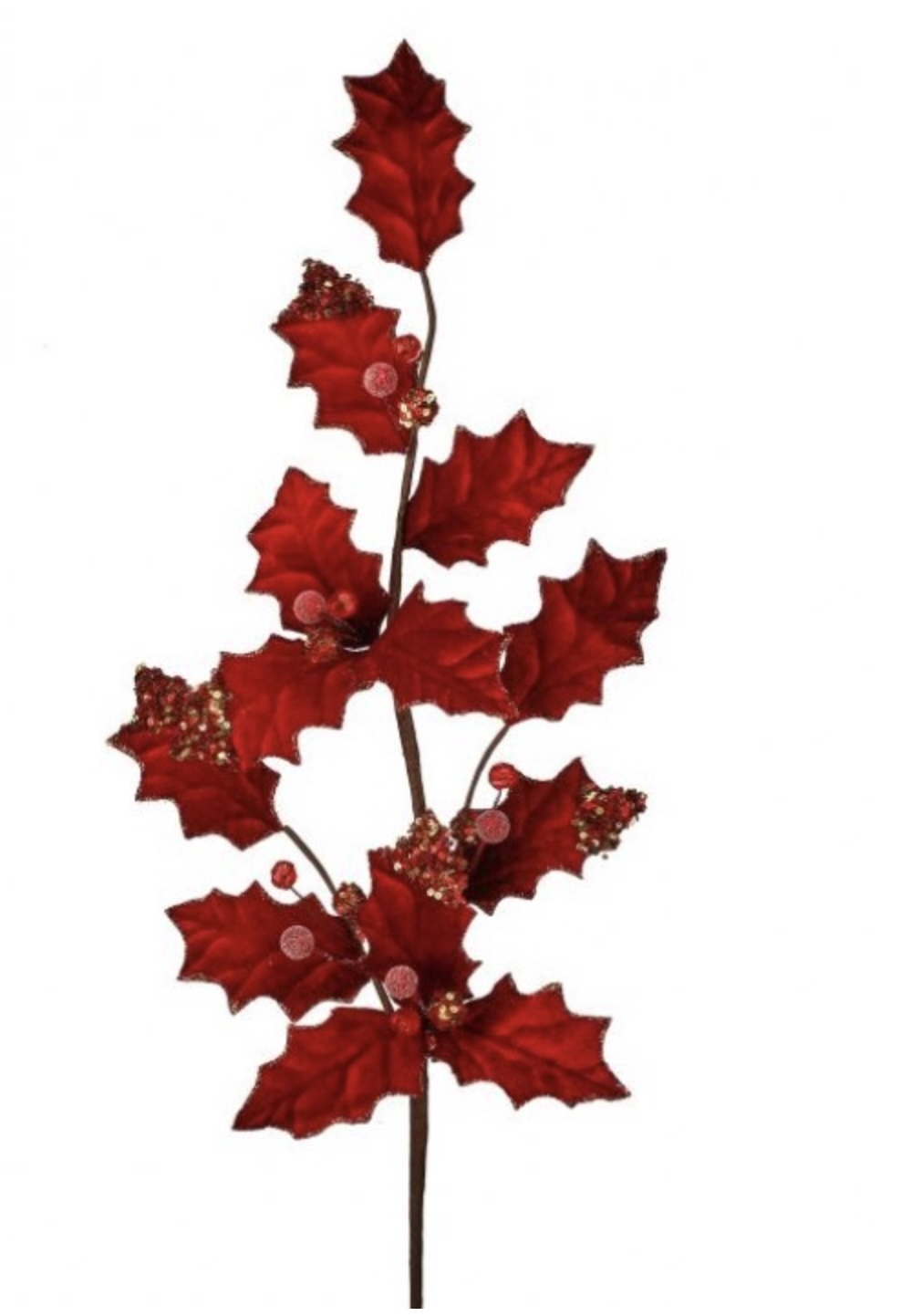 Red and Gold Velvet Holly Spray 29"
