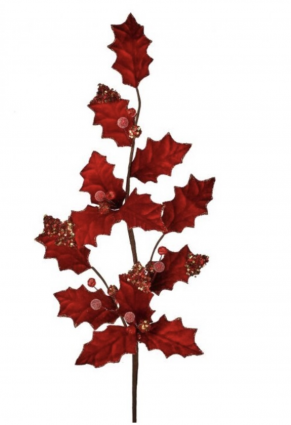 Red and Gold Velvet Holly Spray 29"