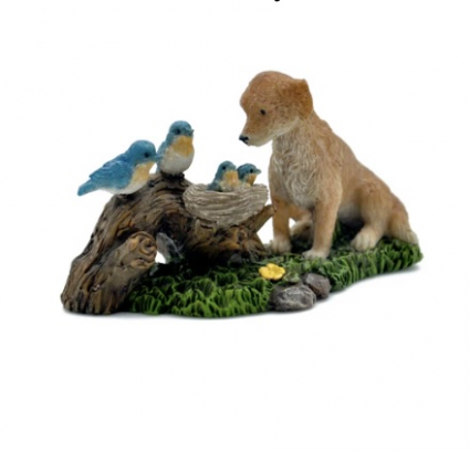 Fairy Garden Dog watching Blue Birds