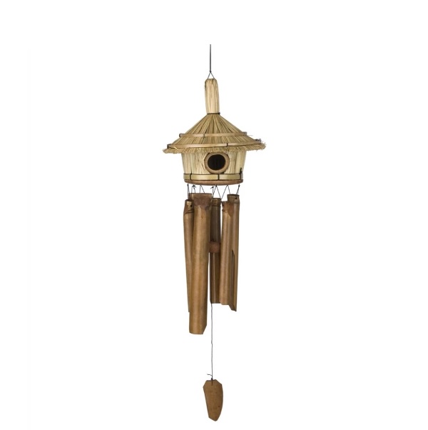 Thatched Roof Birdhouse Bamboo Chime 32"