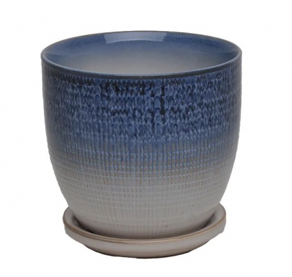Beatrice Etched Planter with Attached Saucer, in Azure Blue