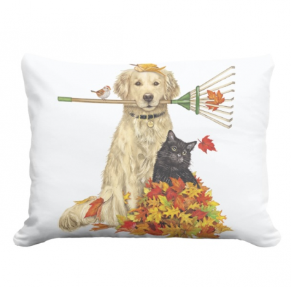 Cat & Dog with Leaves Pillow