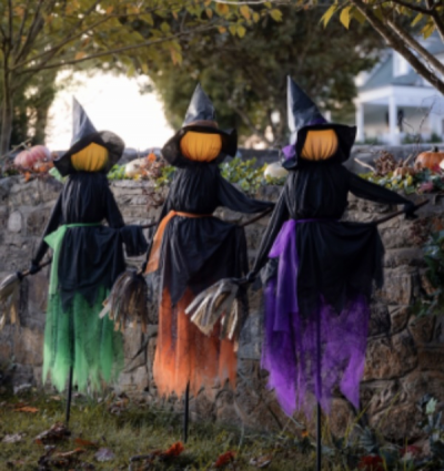 Lighted Halloween Witches on Brooms Stakes, Set of 3