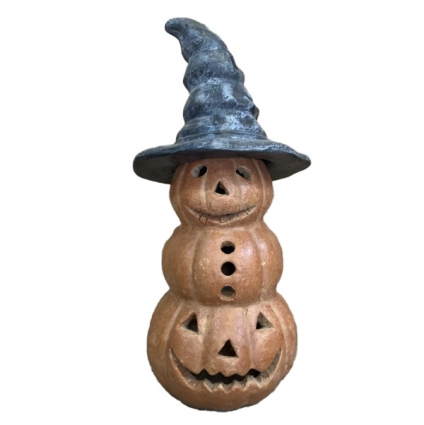 Three Stacked Cheerful Pumpkins Topped with a Witches Hat