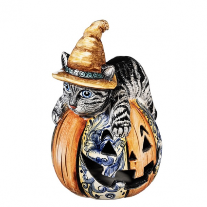 Witch Cat Jack O'Lantern Pumpkin - Small Blue Floral