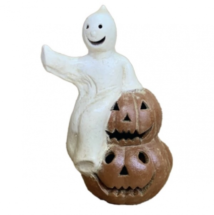 Joyful Ghost Sitting on Top of Two Pumpkins
