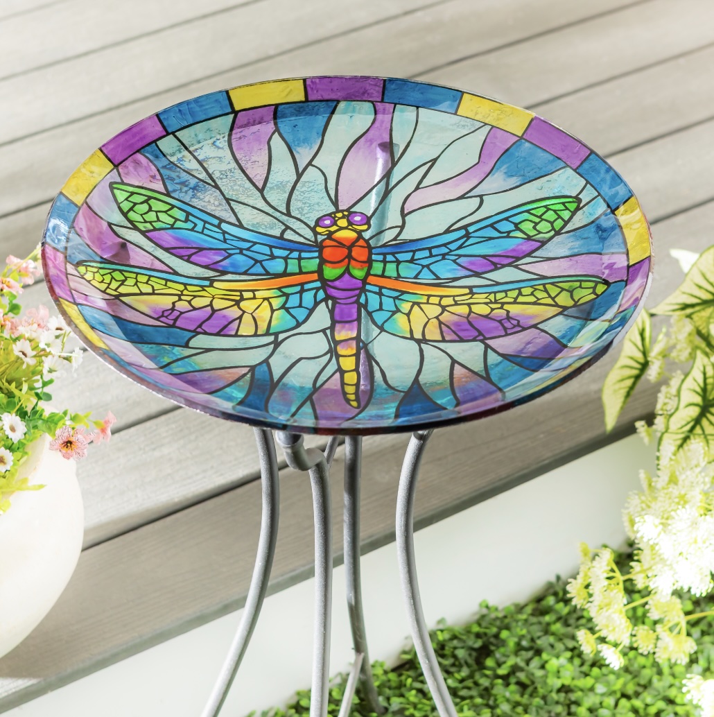 Dragonfly Glass Birdbath 18" 