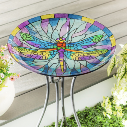 Dragonfly Glass Birdbath 18" 