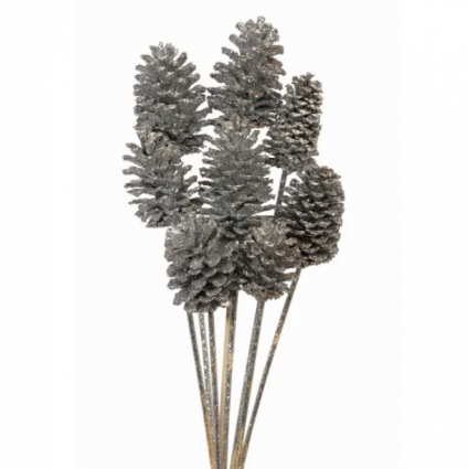 Silver Glitter Pine Cones Medium (8 Stems)